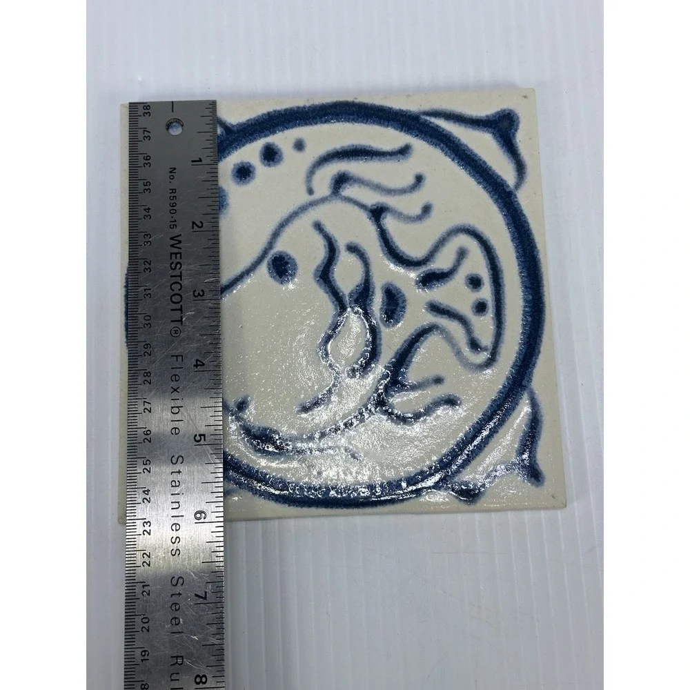 Vintage Mid Century Mod Ceramic Blue Fish Trivet Tile 6